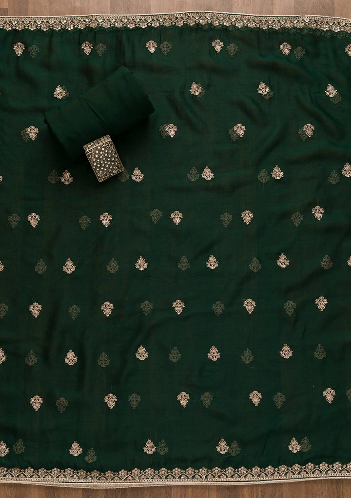 Bottle Green Zariwork Chiffon Unstitched Salwar Suit-Koskii