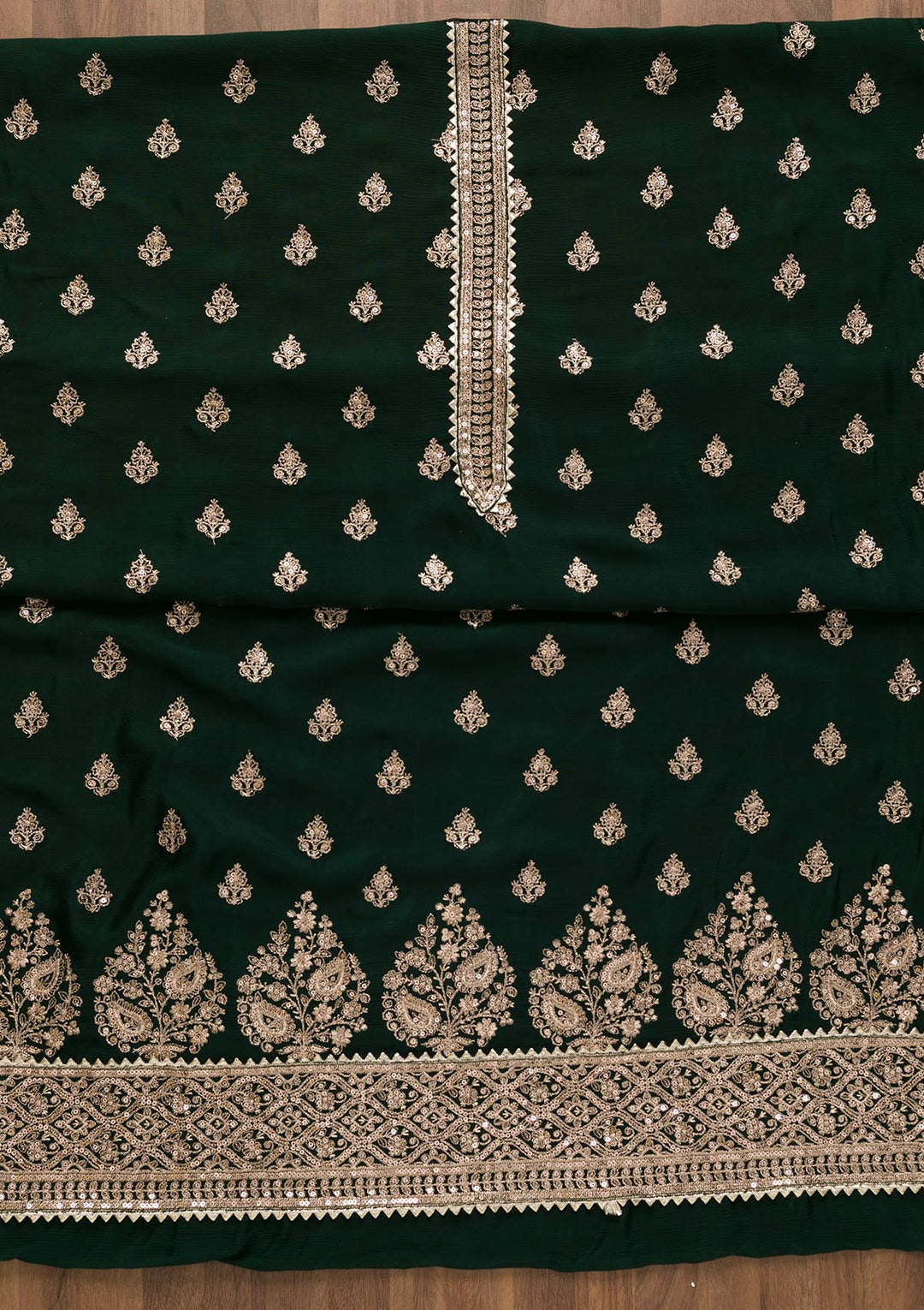 Bottle Green Zariwork Chiffon Unstitched Salwar Suit-Koskii