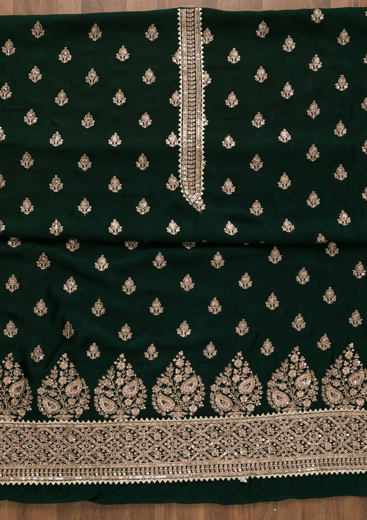Bottle Green Zariwork Chiffon Unstitched Salwar Suit-Koskii