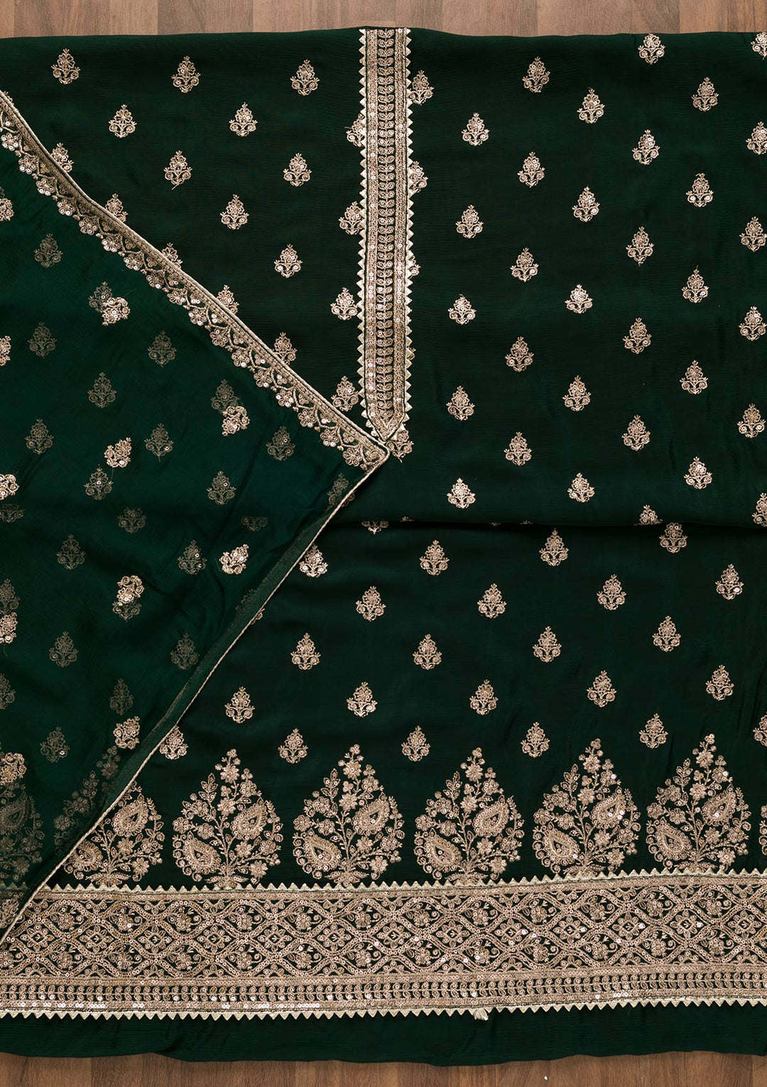 Bottle Green Zariwork Chiffon Unstitched Salwar Suit-Koskii