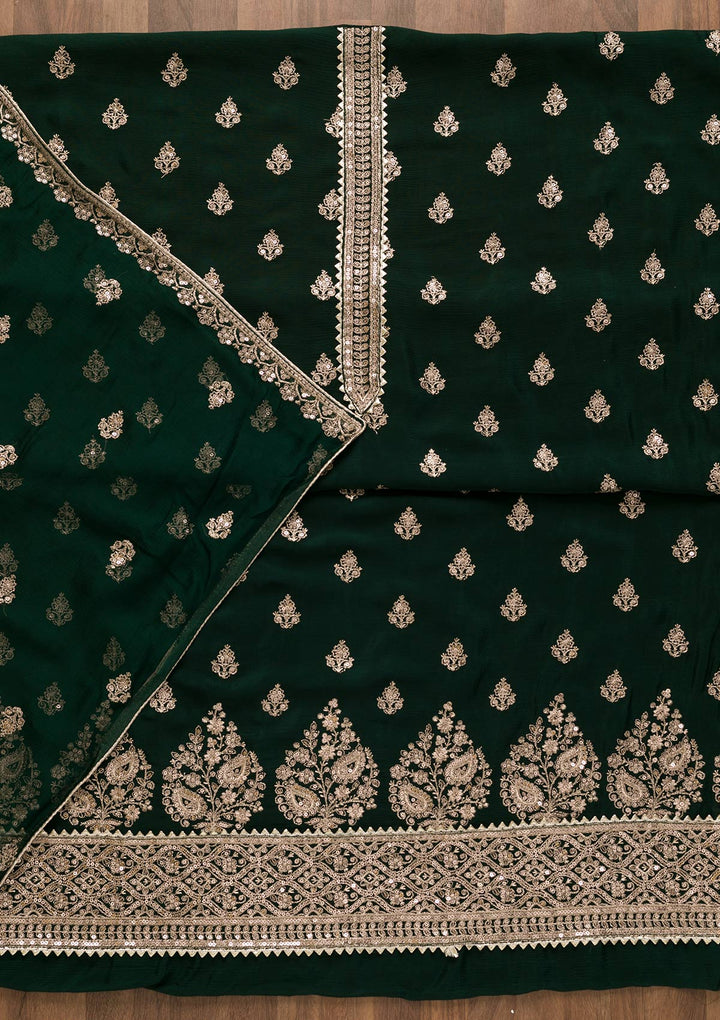Bottle Green Zariwork Chiffon Unstitched Salwar Suit-Koskii