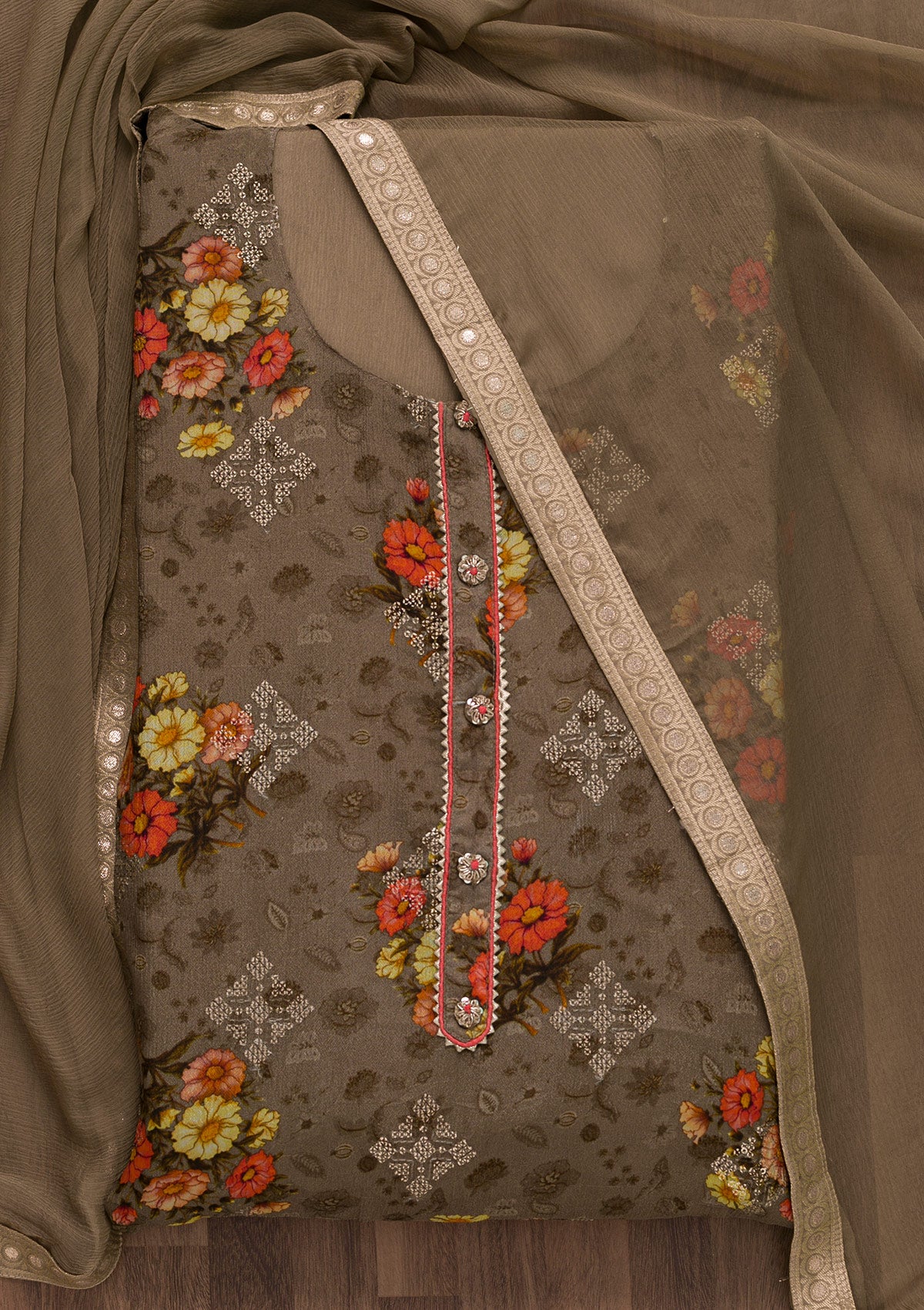 Brown Printed Semi Crepe Semi-Stitched Salwar Suit-Koskii