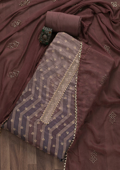 Brown Printed Semi Crepe Unstitched Salwar Suit-Koskii
