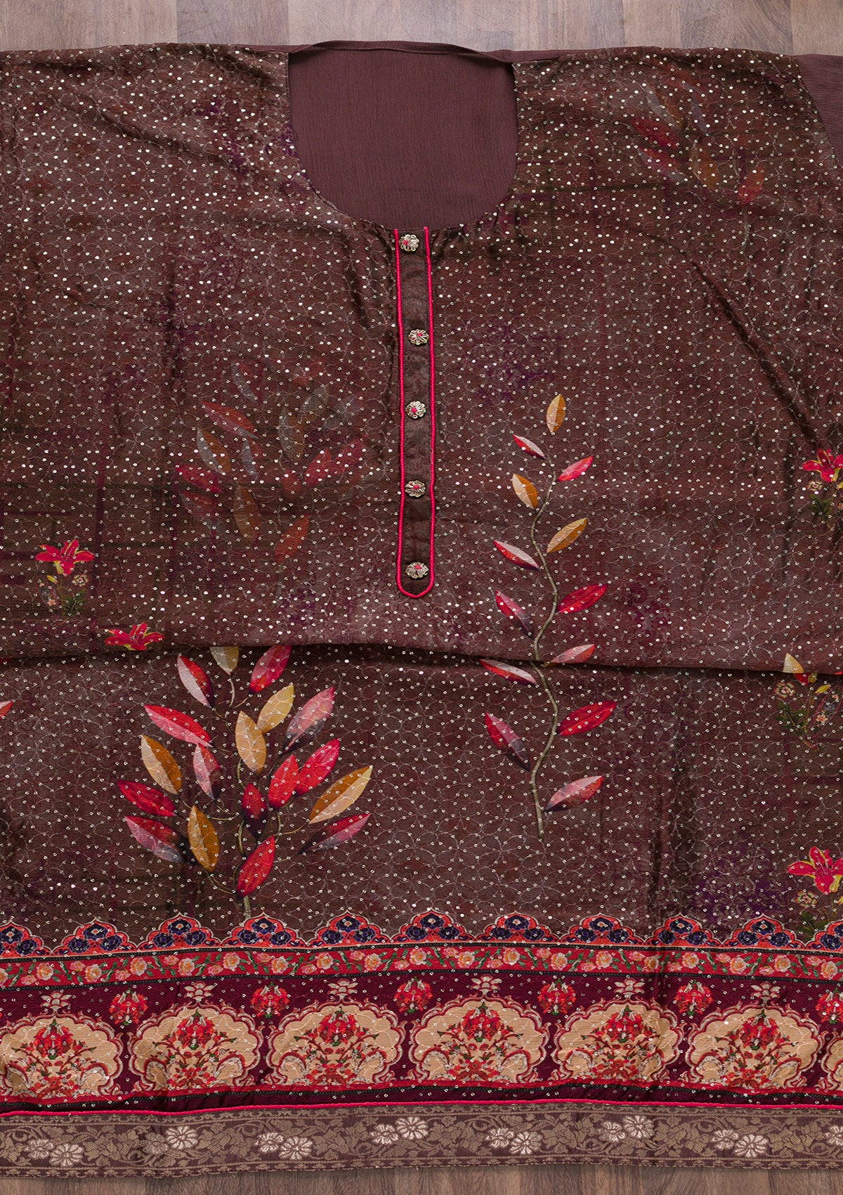 Brown Sequins Georgette Semi-Stitched Salwar Suit-Koskii