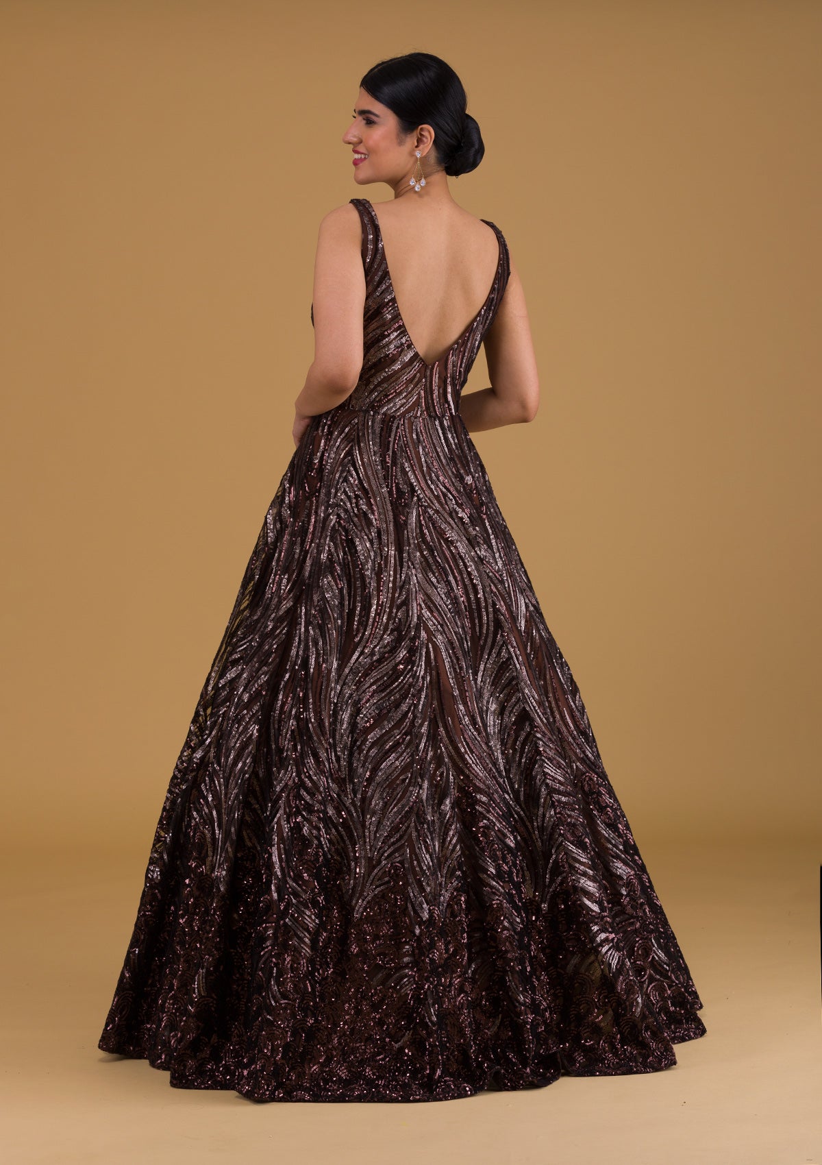 Brown Sequins Net Designer Gown-Koskii