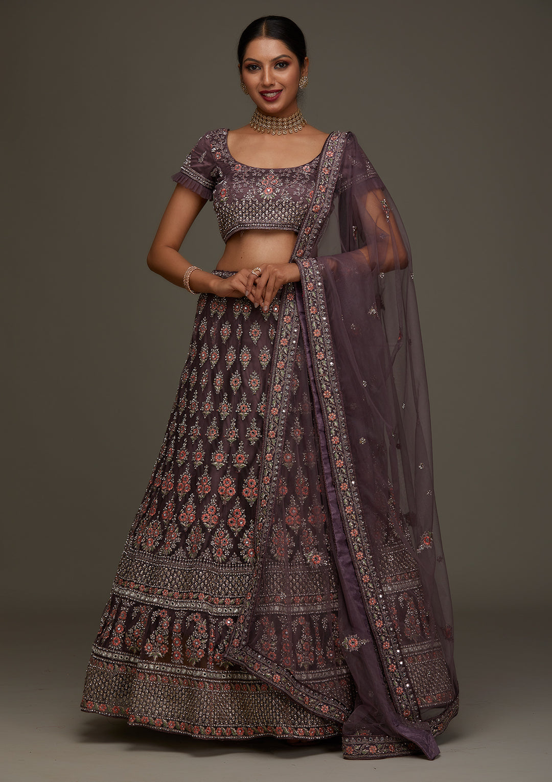 Brown Silver Stonework Net Designer Semi-Stitched Lehenga- Koskii