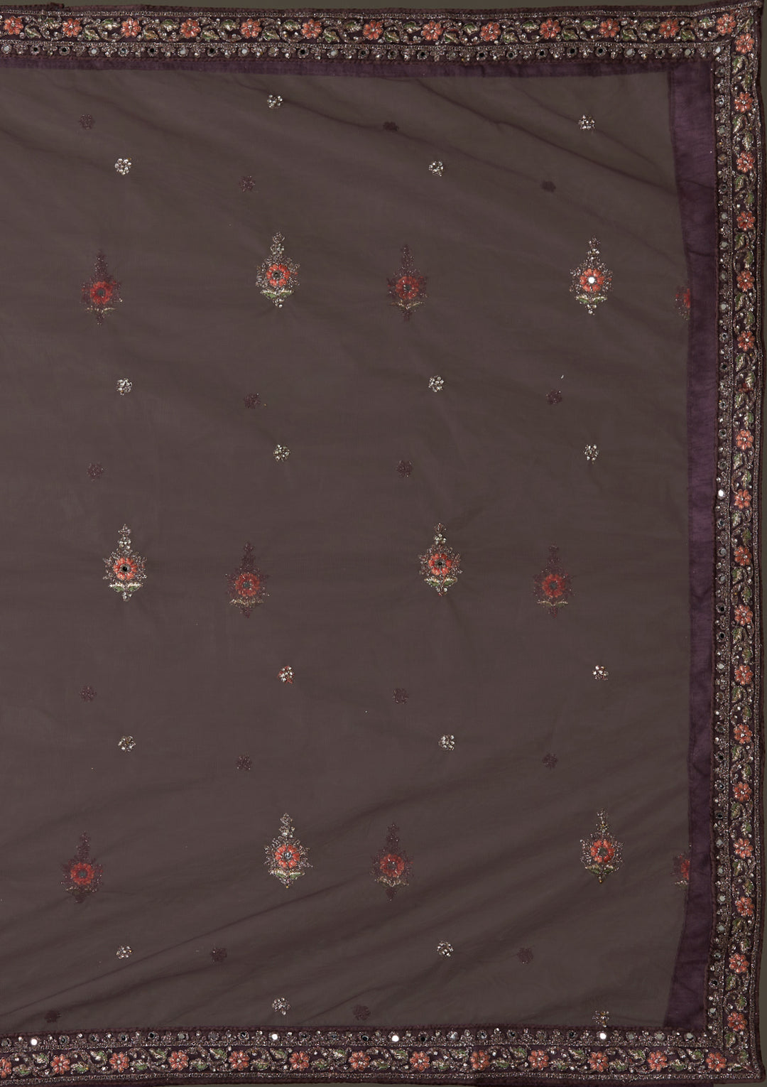 Brown Silver Stonework Net Designer Semi-Stitched Lehenga - Koskii