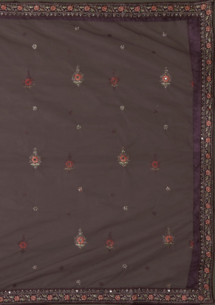 Brown Silver Stonework Net Designer Semi-Stitched Lehenga - Koskii
