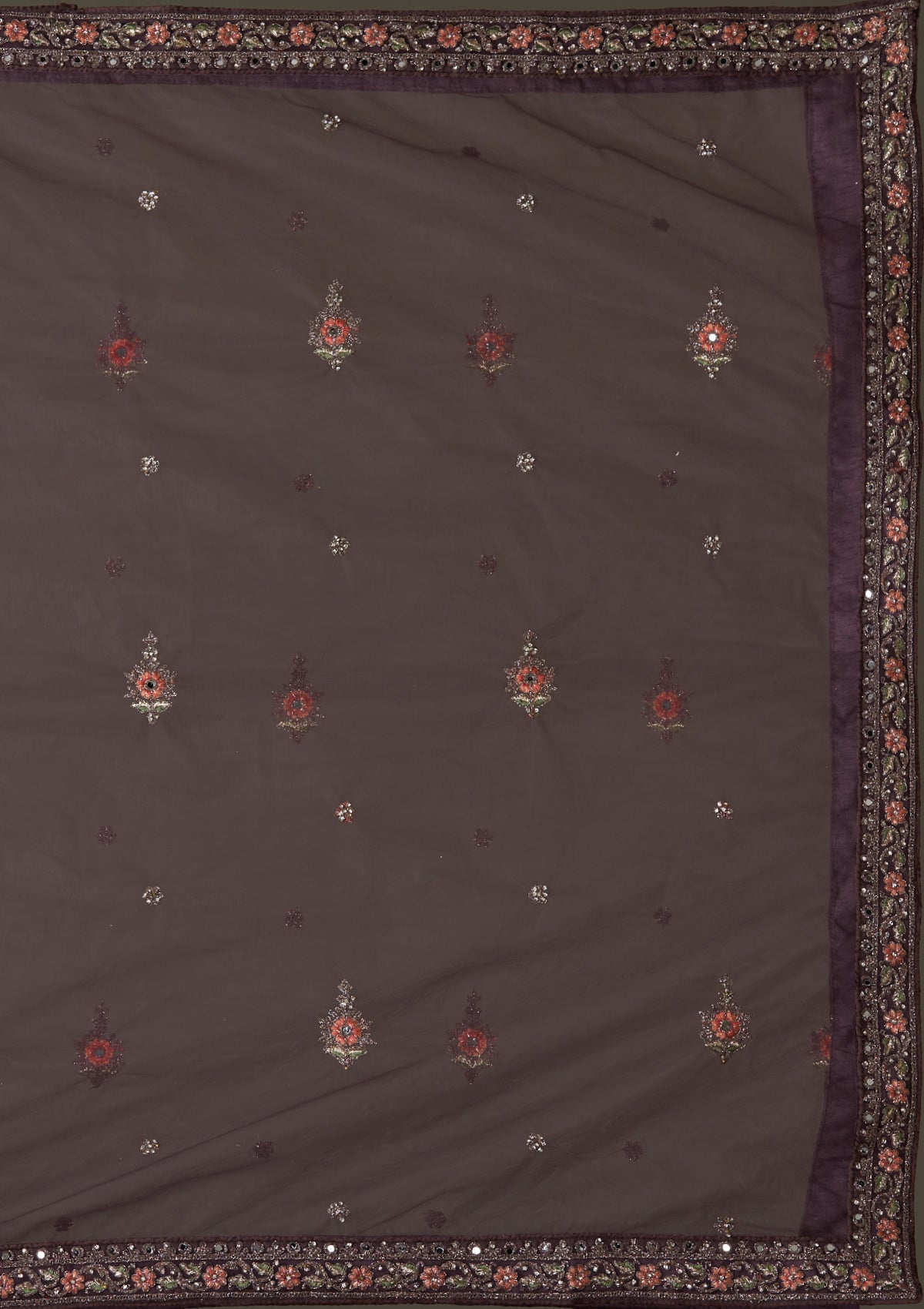 Brown Silver Stonework Net Designer Semi-Stitched Lehenga - Koskii