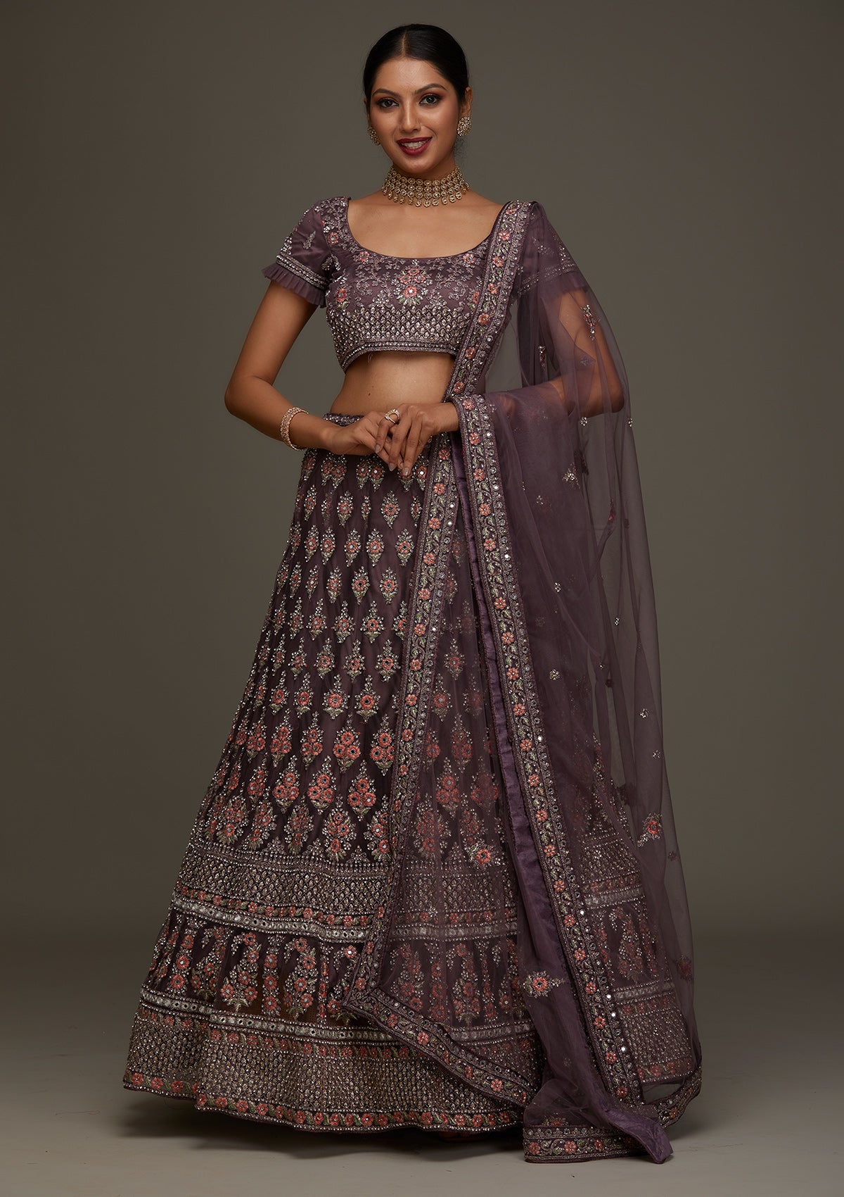 Brown Silver Stonework Net Designer Semi-Stitched Lehenga- Koskii