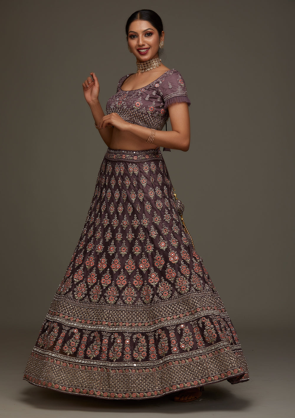 Brown Silver Stonework Net Designer Semi-Stitched Lehenga - Koskii