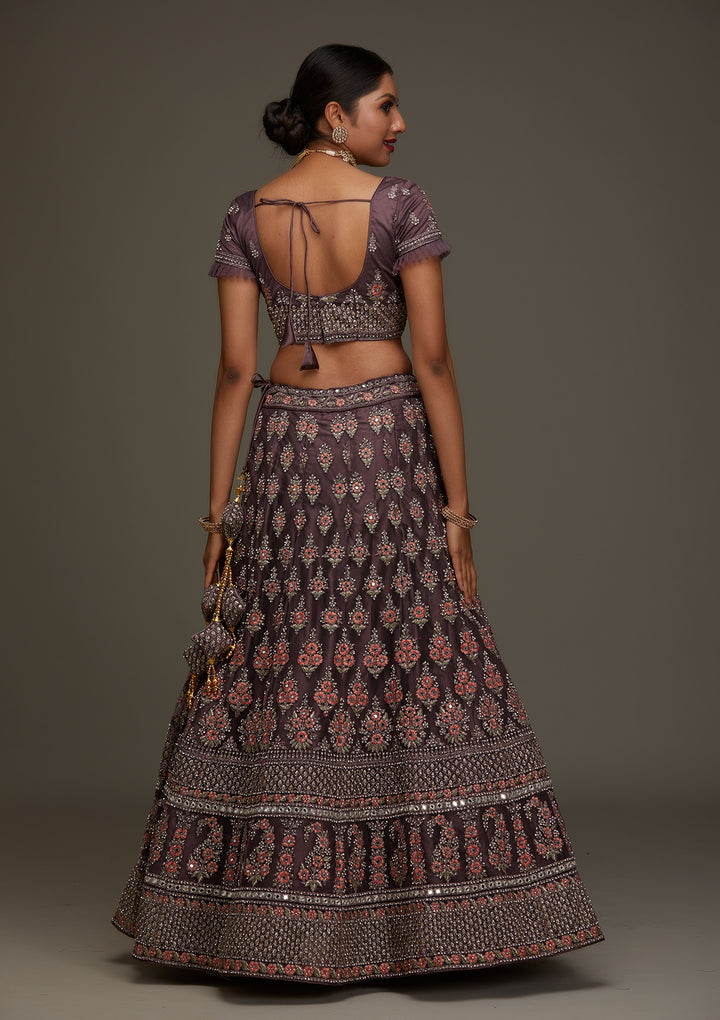 Brown Silver Stonework Net Designer Semi-Stitched Lehenga - Koskii