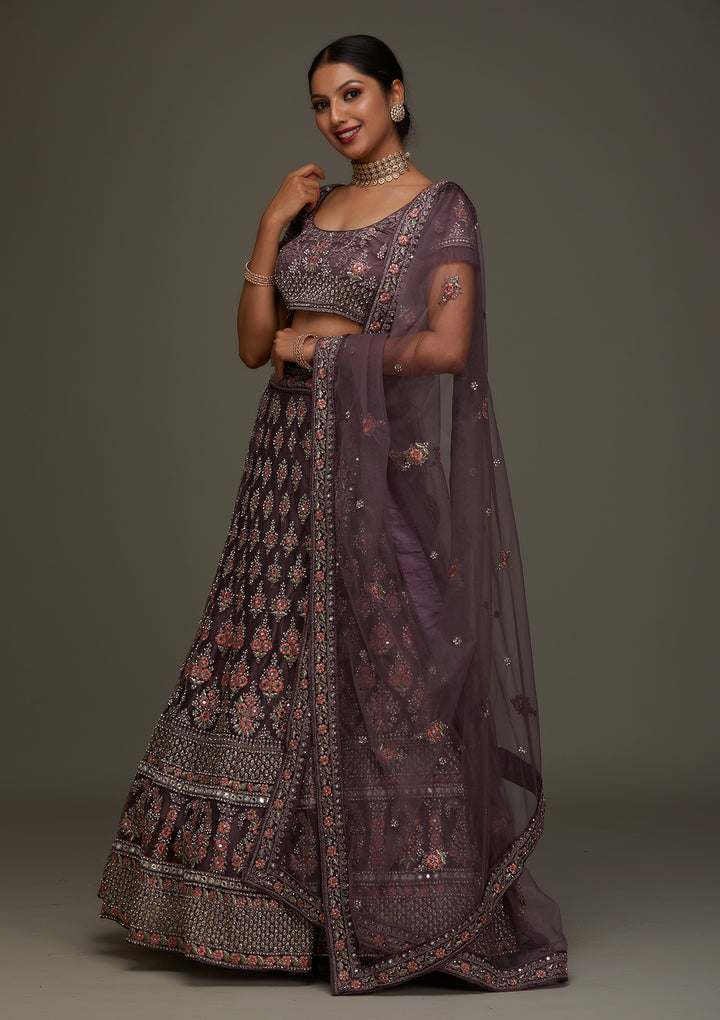 Brown Silver Stonework Net Designer Semi-Stitched Lehenga - Koskii