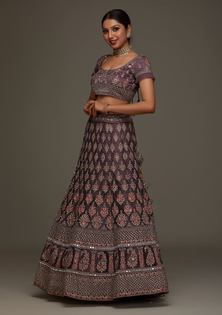 Brown Silver Stonework Net Designer Semi-Stitched Lehenga - Koskii