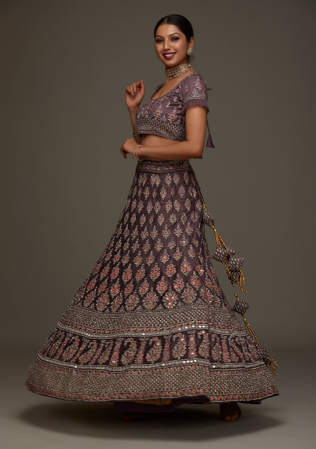 Brown Silver Stonework Net Designer Semi-Stitched Lehenga - Koskii