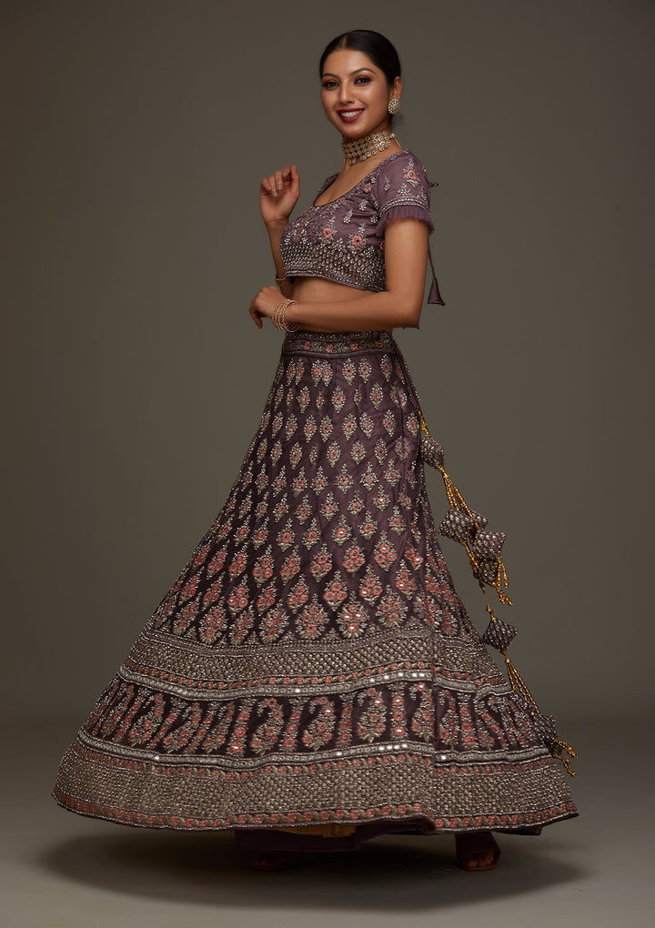Brown Silver Stonework Net Designer Semi-Stitched Lehenga - Koskii
