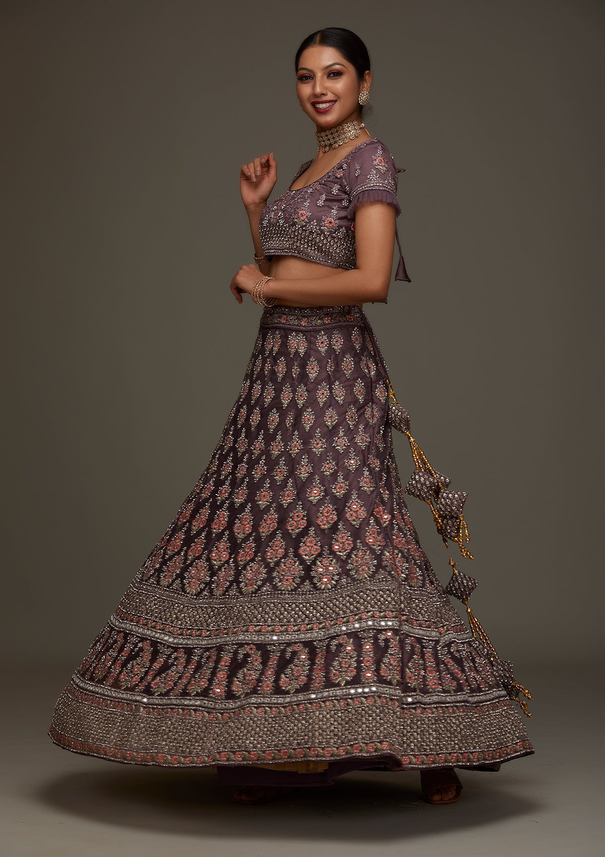 Brown Silver Stonework Net Designer Semi-Stitched Lehenga - Koskii