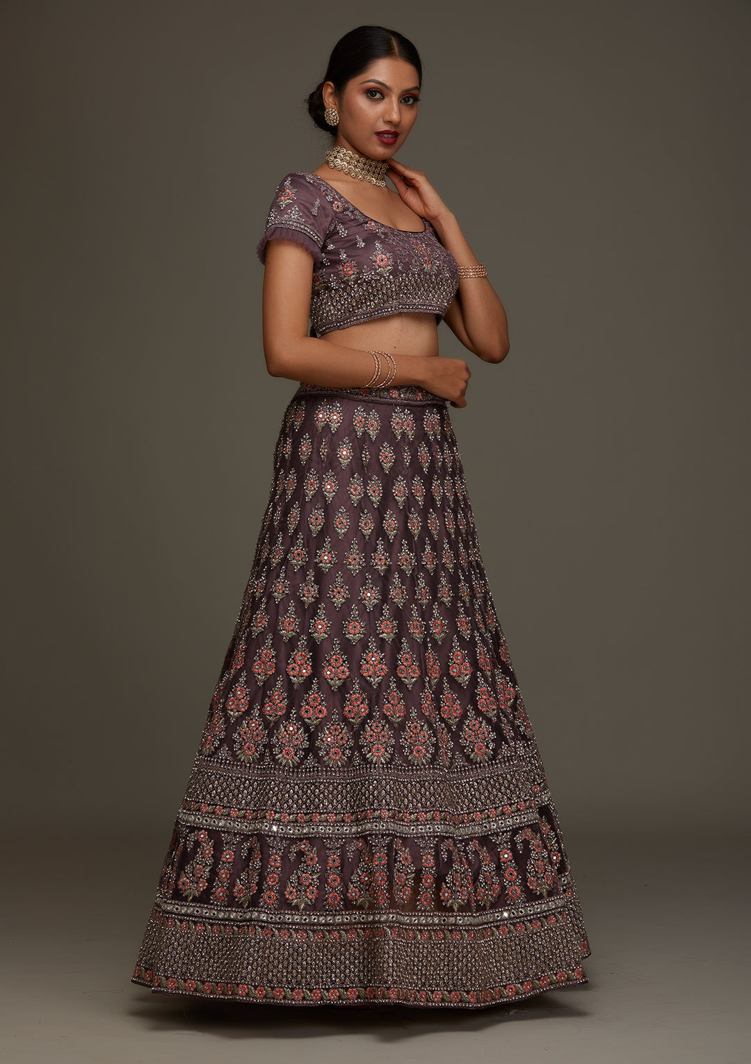 Brown Silver Stonework Net Designer Semi-Stitched Lehenga - Koskii