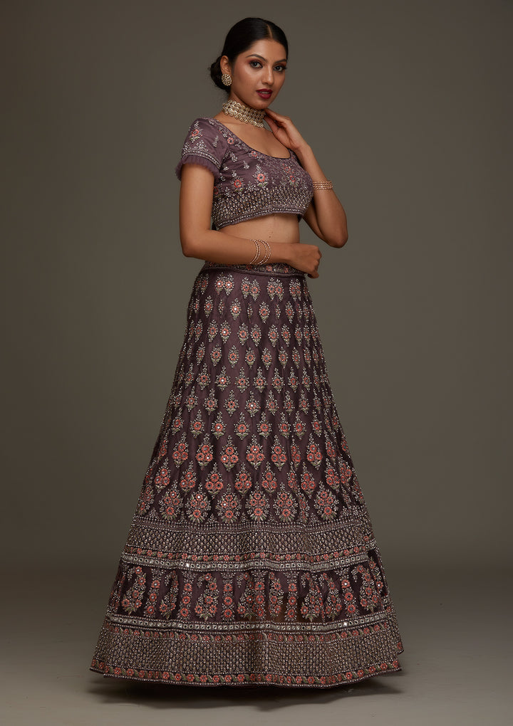 Brown Silver Stonework Net Designer Semi-Stitched Lehenga - Koskii