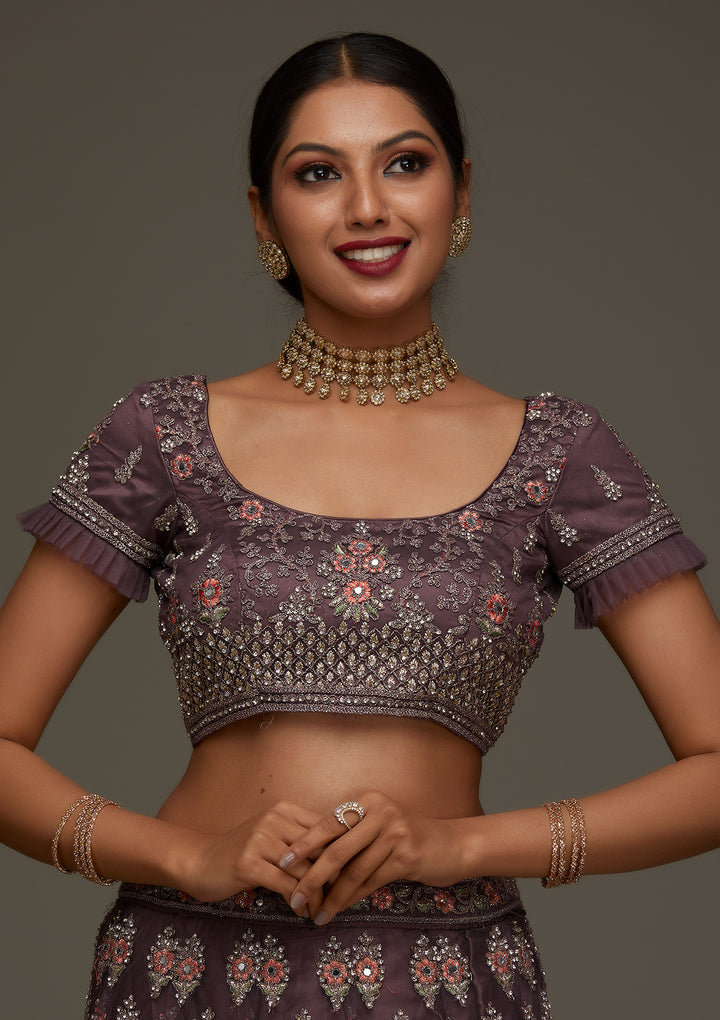 Brown Silver Stonework Net Designer Semi-Stitched Lehenga - Koskii