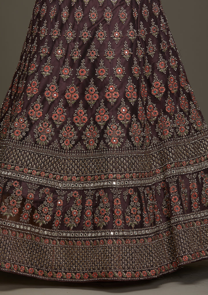 Brown Silver Stonework Net Designer Semi-Stitched Lehenga - Koskii