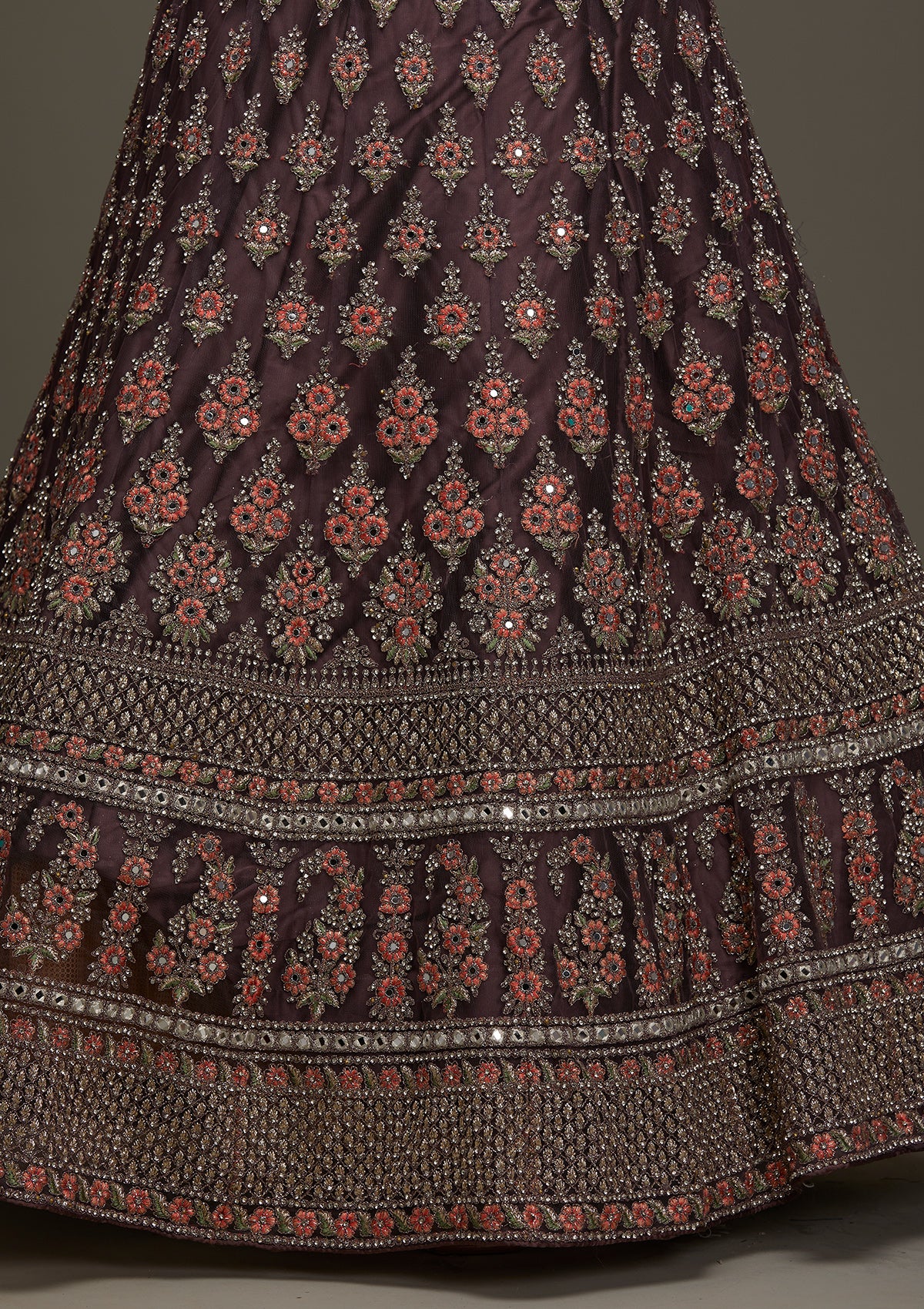 Brown Silver Stonework Net Designer Semi-Stitched Lehenga - Koskii