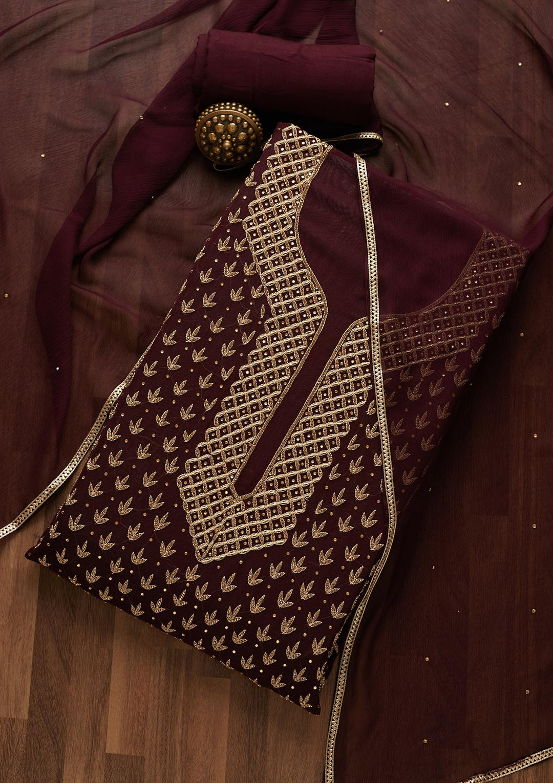 Brown Stonework Georgette Unstitched Salwar Suit-Koskii