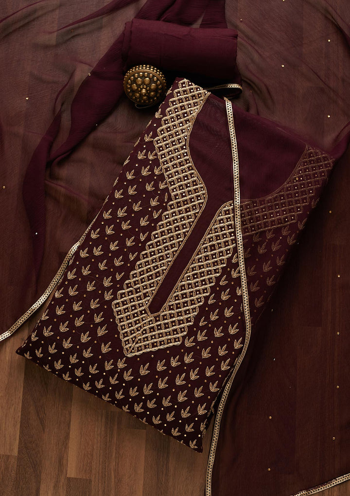 Brown Stonework Georgette Unstitched Salwar Suit-Koskii