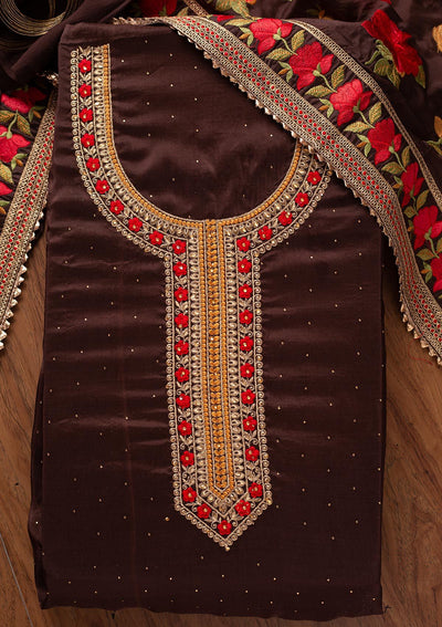 Brown Stonework Satin Designer Unstitched Salwar Suit - koskii
