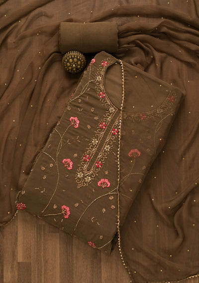 Brown Stonework Semi Crepe Unstitched Salwar Suit-Koskii