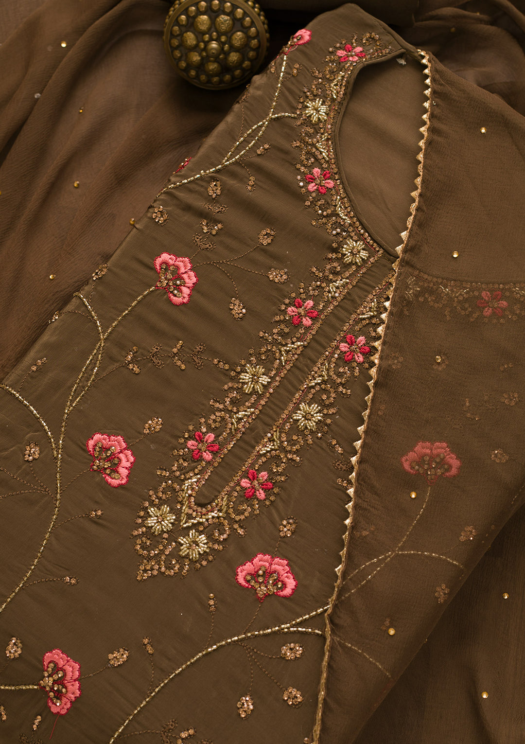 Brown Stonework Semi Crepe Unstitched Salwar Suit-Koskii
