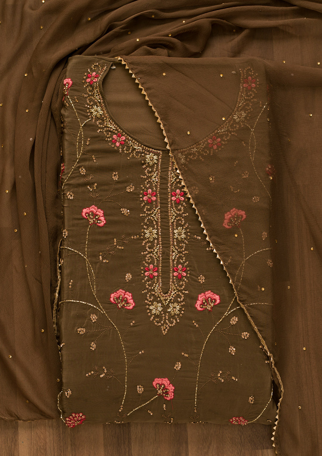 Brown Stonework Semi Crepe Unstitched Salwar Suit-Koskii