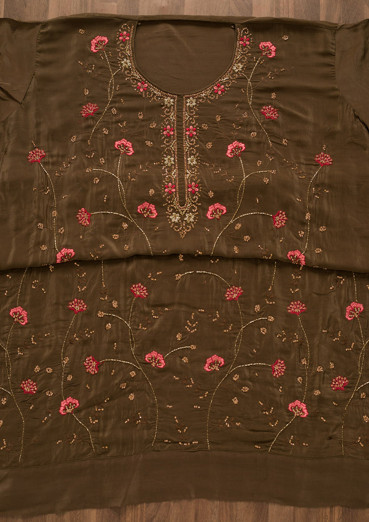 Brown Stonework Semi Crepe Unstitched Salwar Suit-Koskii