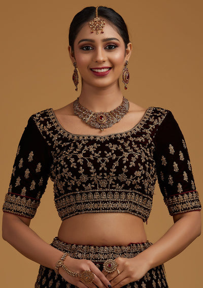 Brown Stonework Velvet Designer Semi-Stitched Lehenga - koskii