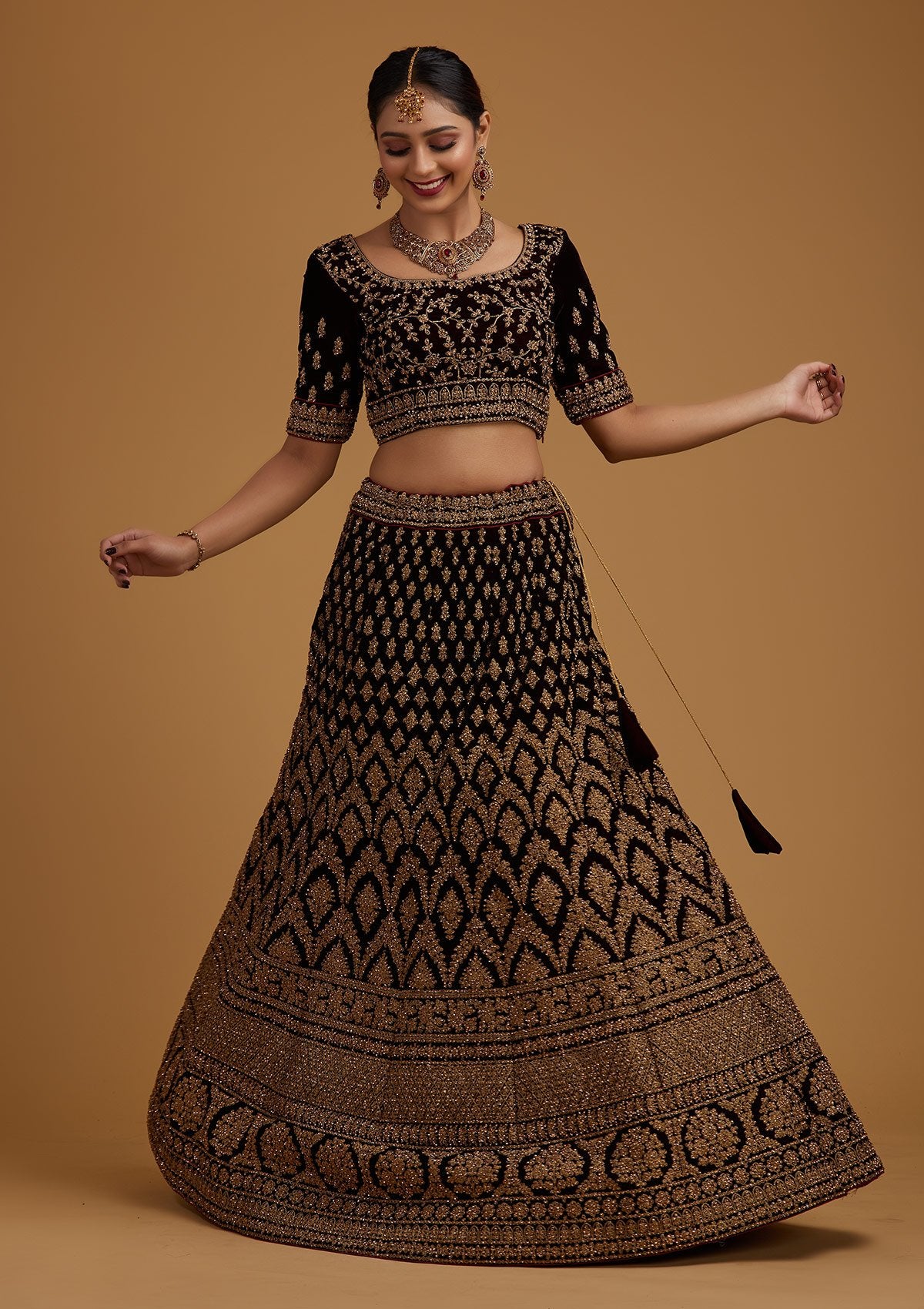 Brown Stonework Velvet Designer Semi-Stitched Lehenga - koskii