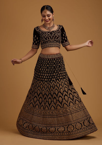 Brown Stonework Velvet Designer Semi-Stitched Lehenga - koskii