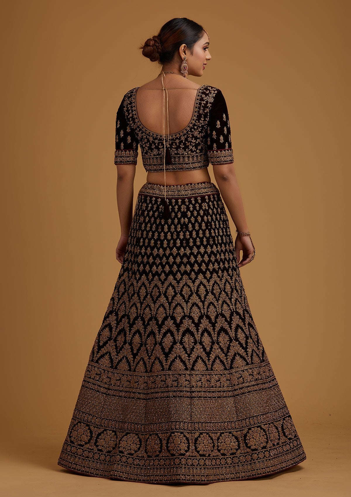 Brown Stonework Velvet Designer Semi-Stitched Lehenga - koskii