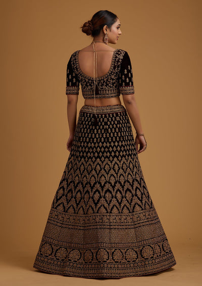 Brown Stonework Velvet Designer Semi-Stitched Lehenga - koskii