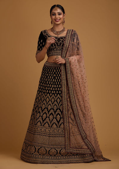 Brown Stonework Velvet Designer Semi-Stitched Lehenga - koskii
