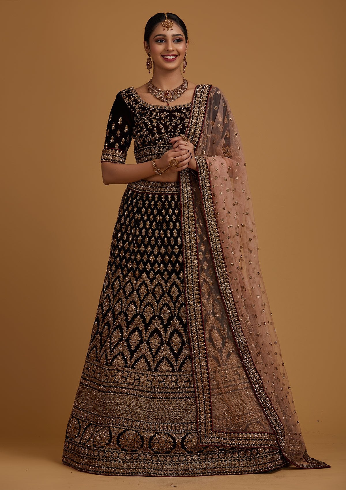 Brown Stonework Velvet Designer Semi-Stitched Lehenga - koskii