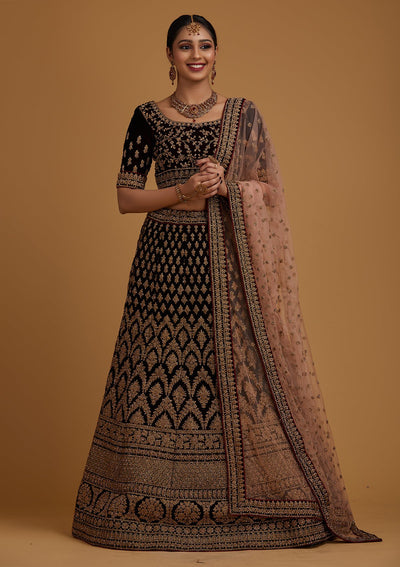Brown Stonework Velvet Designer Semi-Stitched Lehenga - koskii