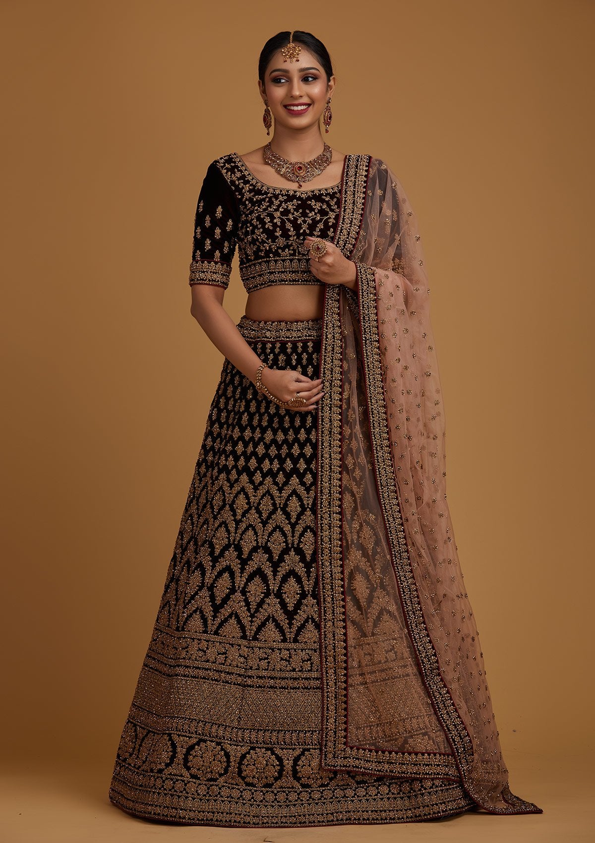 Brown Stonework Velvet Designer Semi-Stitched Lehenga - koskii