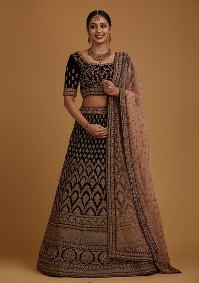 Brown Stonework Velvet Designer Semi-Stitched Lehenga - koskii