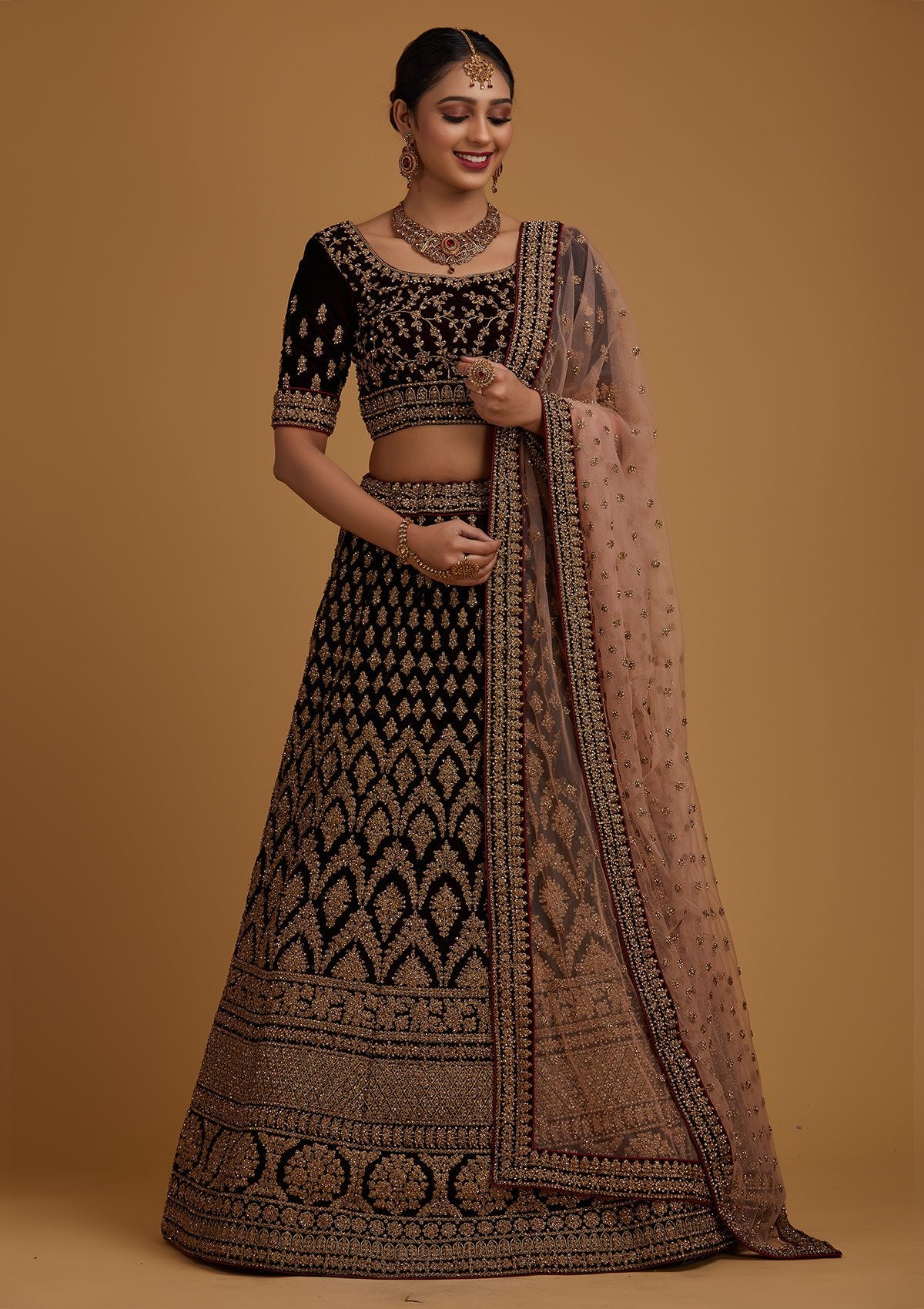Brown Stonework Velvet Designer Semi-Stitched Lehenga - koskii