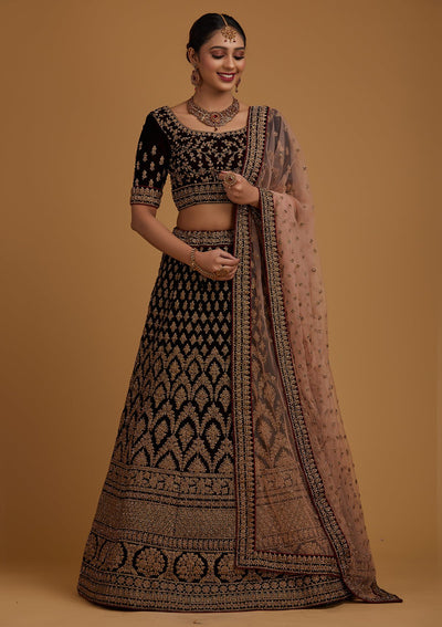 Brown Stonework Velvet Designer Semi-Stitched Lehenga - koskii