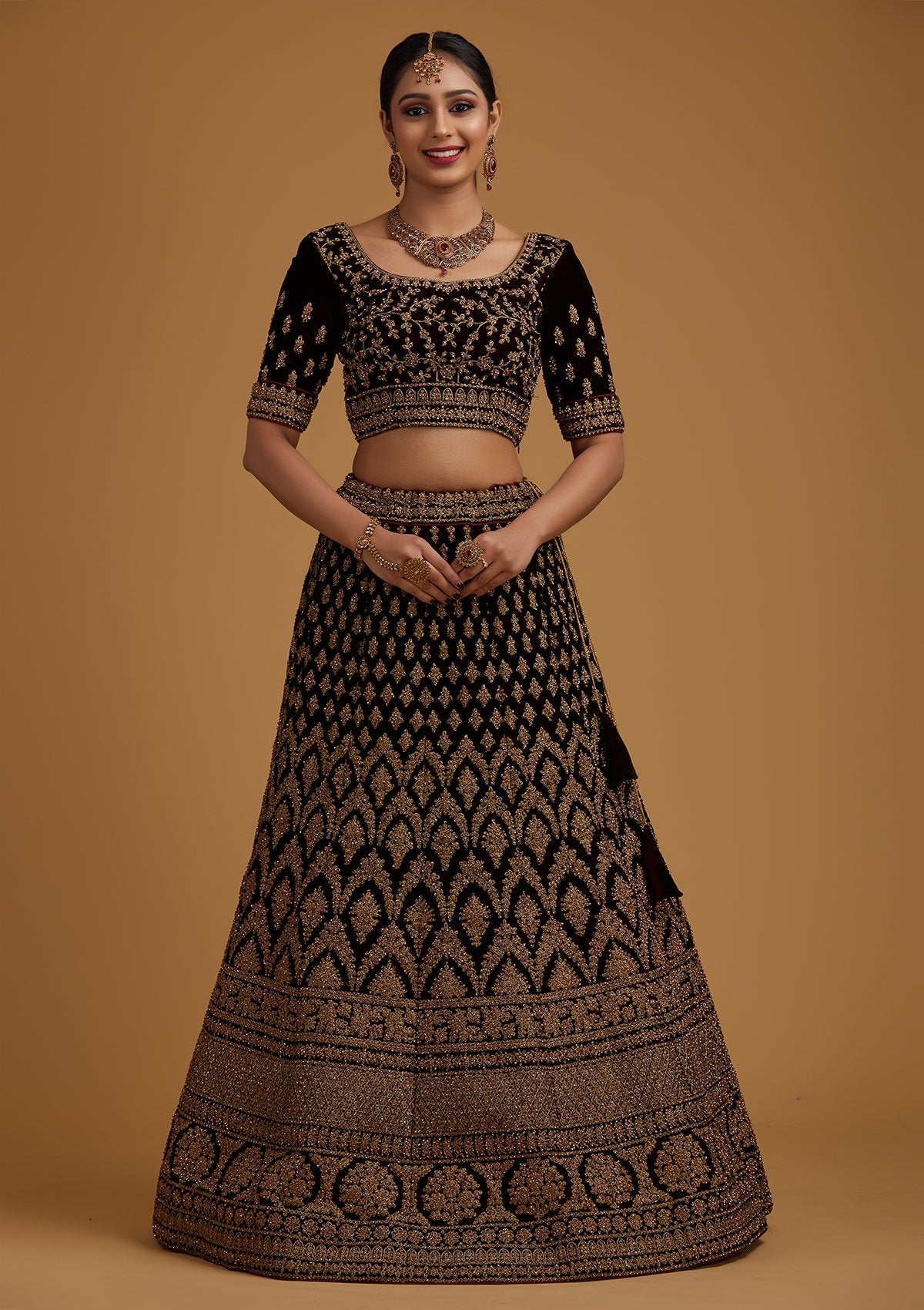 Brown Stonework Velvet Designer Semi-Stitched Lehenga - koskii