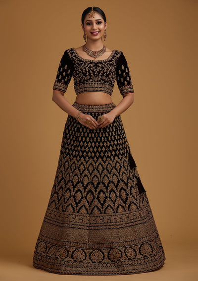 Brown Stonework Velvet Designer Semi-Stitched Lehenga - koskii