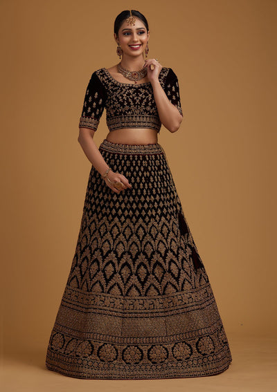 Brown Stonework Velvet Designer Semi-Stitched Lehenga - koskii