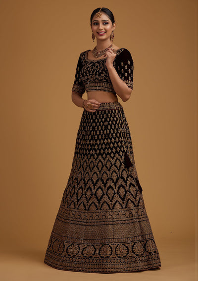 Brown Stonework Velvet Designer Semi-Stitched Lehenga - koskii