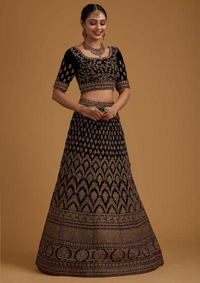 Brown Stonework Velvet Designer Semi-Stitched Lehenga - koskii
